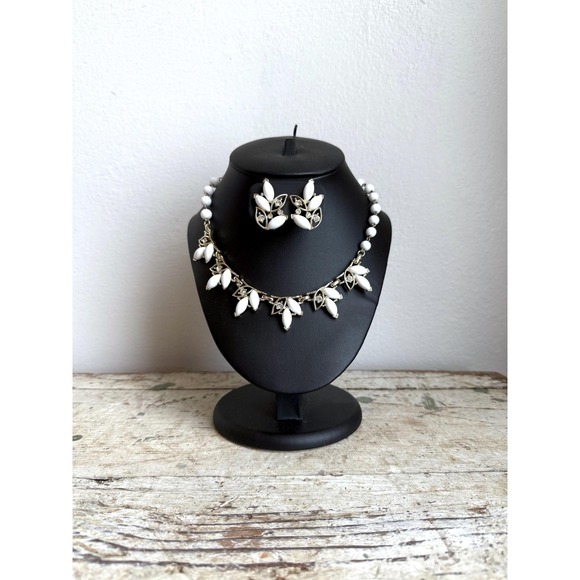 Jewelry - 1950s Opaque White Marquise-Cut‎ Necklace & Clip-On Earrings Bridal Wedding Set